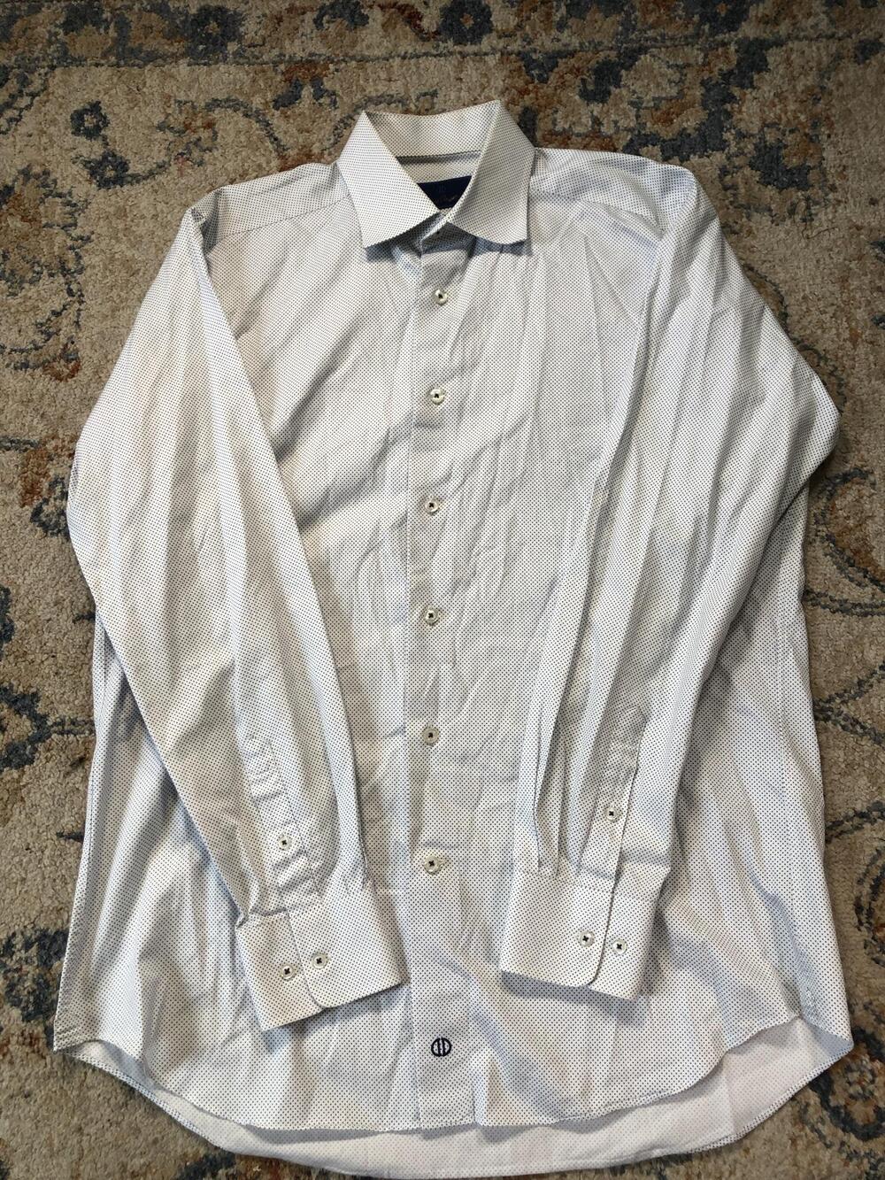 David Donahue Dress Shirt Mens Large White Polka Dot Trim Fit Long Sleeve Cotton